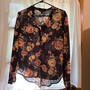 Forever 21 Blouse, Women’s, Black/Rose/ Gold flower design, Sz M